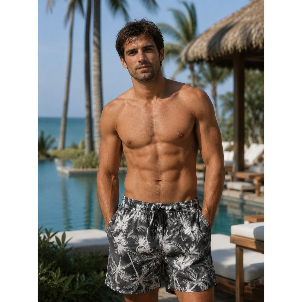 Gray White Palm Tree Print Swim Shorts Trunks Sz 36 5" Inseam Unitop Brand Lined
